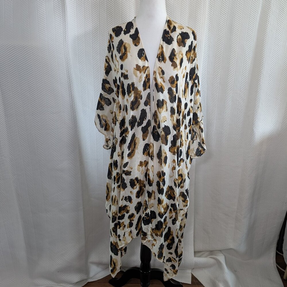 Marcus Adler Long Leopard Print Boho Kimono Cover Up Duster Resort Vacation Pool